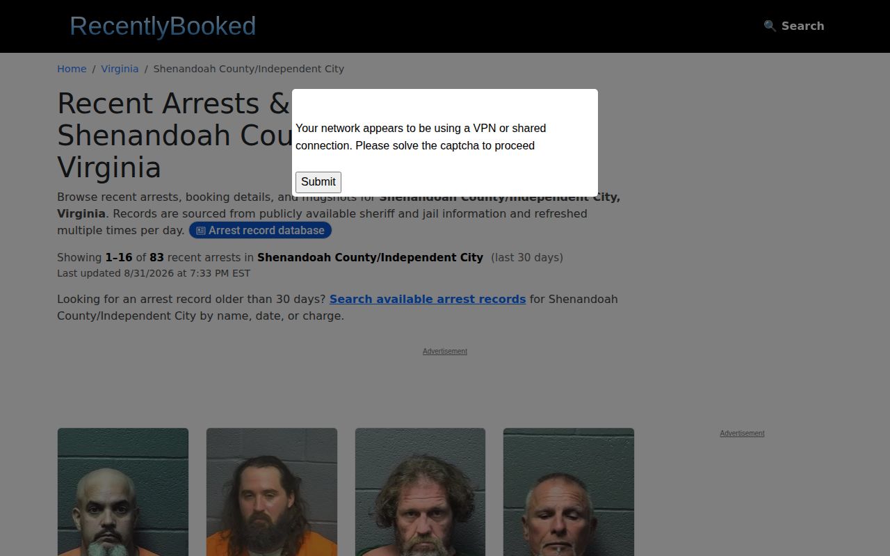 Unofficial Shenandoah County recent arrest directory, not an official RSW booking record
