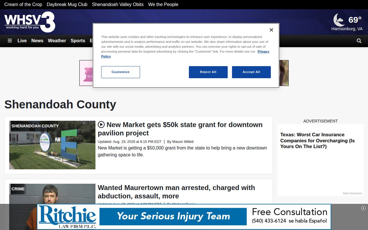 WHSV Shenandoah County crime-news section with arrest reporting context