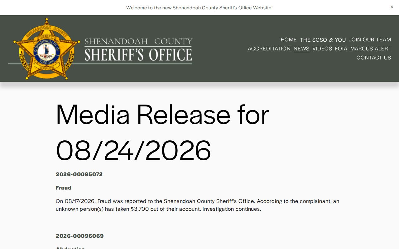 Shenandoah County official arrest and incident release format