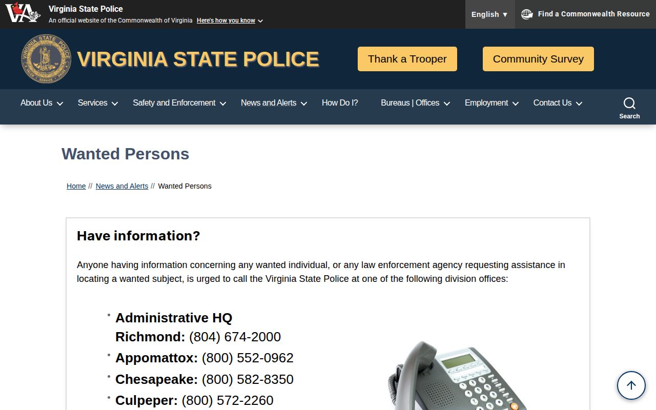 Virginia State Police wanted-persons page for Shenandoah County warrant context